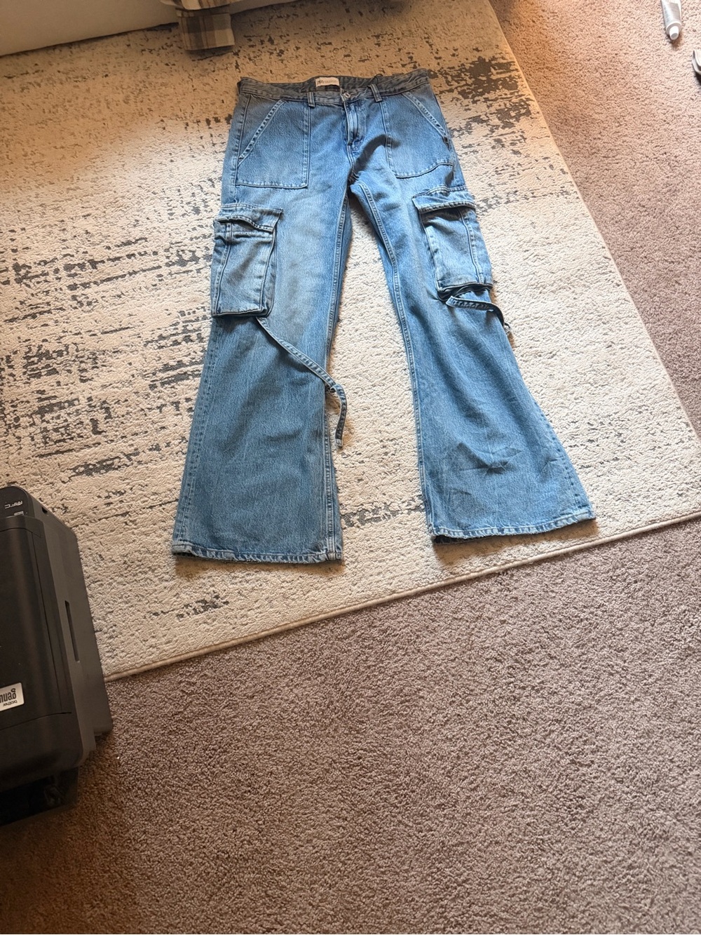 Light Wash Denim Cargo Flare Jeans - Blue